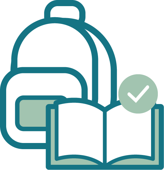 Ícone de uma mochila e livro aberto com visto, representando a seleção e inscrição em escolas para expats