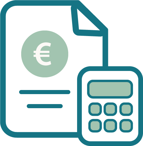 Ícone de um documento com o símbolo do Euro e calculadora, representando serviços fiscais