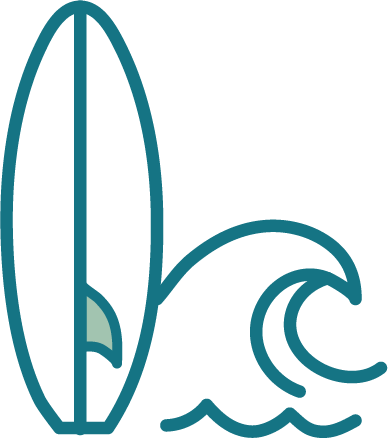 Ícone ilustrativo de uma prancha de surf e ondas do mar em Portugal.